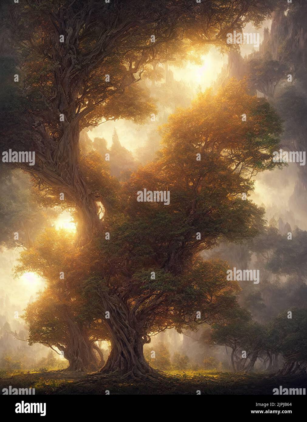 3d rendering di surreali splendidi alberi preistorici giganti fantasy Foto Stock