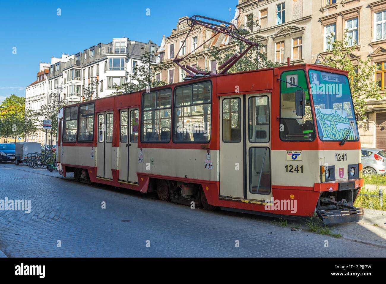 Un vecchio tram rosso nel museo di Danzica, Polonia Foto Stock