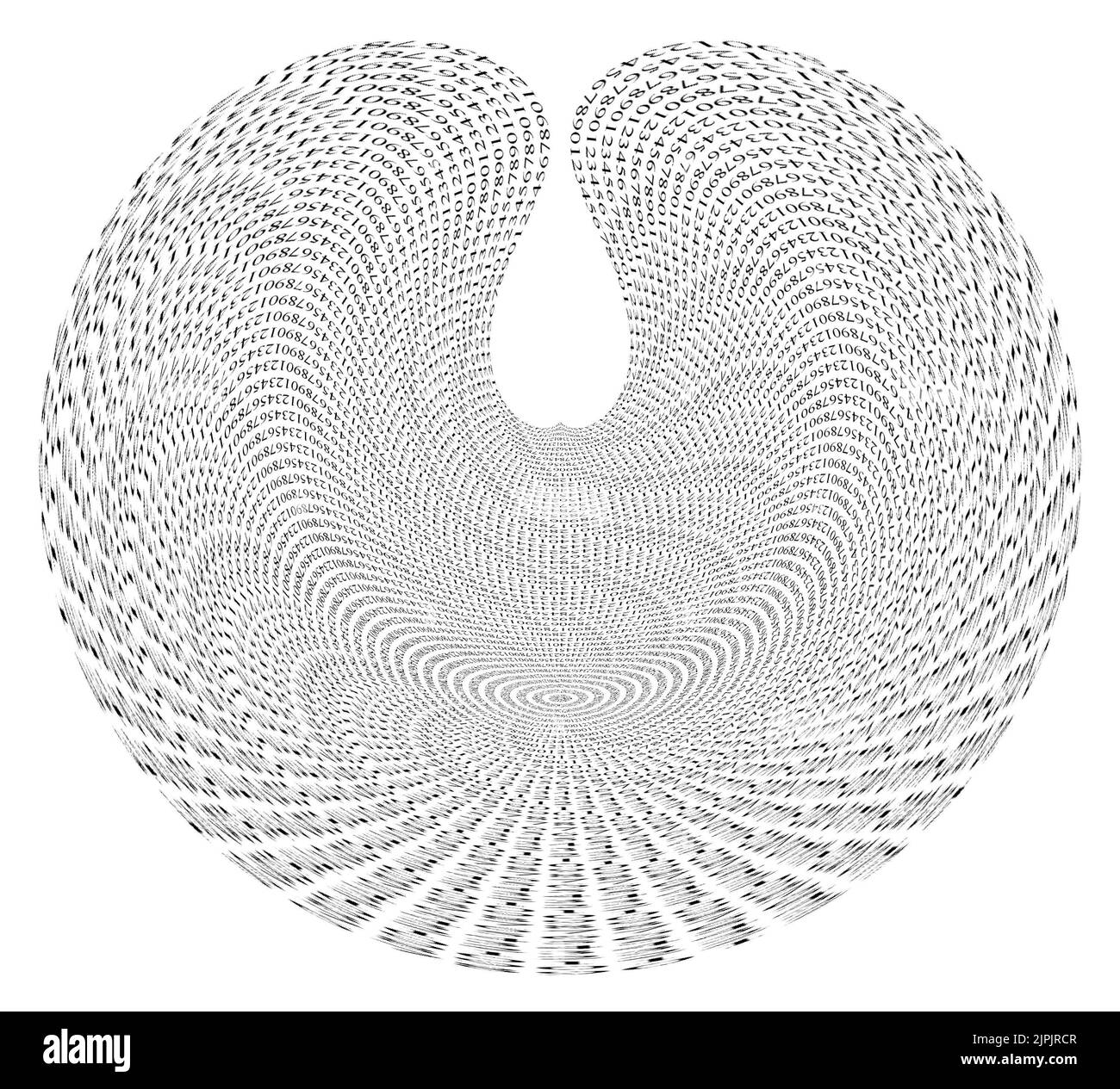 molti numeri decimali diversi (record di database) isolati su sfondo bianco come uragano. Memoria delle informazioni sui dati di backup. Nuova generazione di computer, Foto Stock
