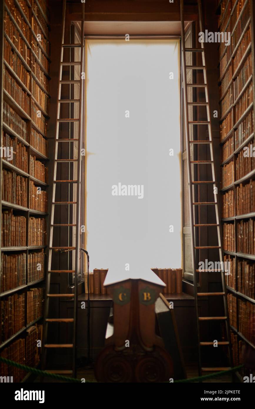 La conoscenza di theres in fra ogni cover. Una biblioteca grande, vintage piena dei libri. Foto Stock