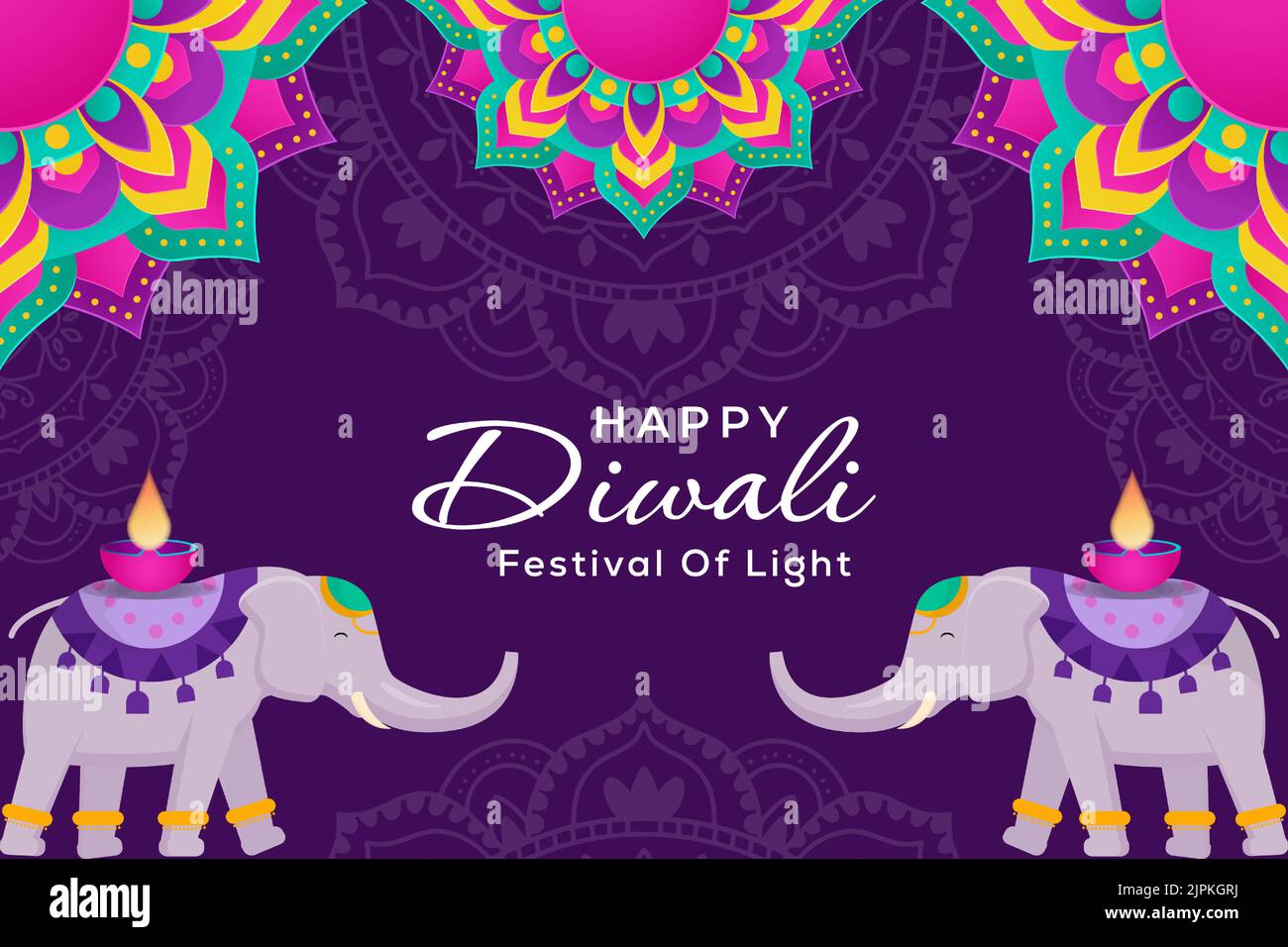Felice illustrazione del festival Diwali con ornamento e due elefanti Illustrazione Vettoriale
