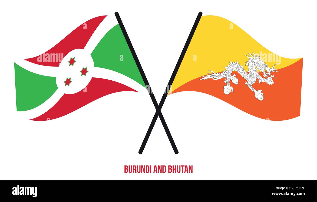 Bandiere del Burundi e del Bhutan attraversate e ondeggianti stile piatto. Proporzione ufficiale. Colori corretti. Illustrazione Vettoriale