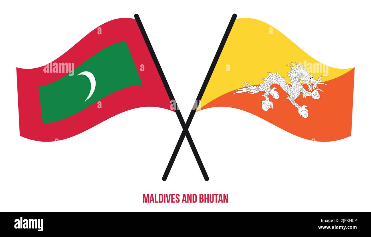 Maldive e Bandiere Bhutan attraversate e ondeggianti stile piatto. Proporzione ufficiale. Colori corretti. Illustrazione Vettoriale