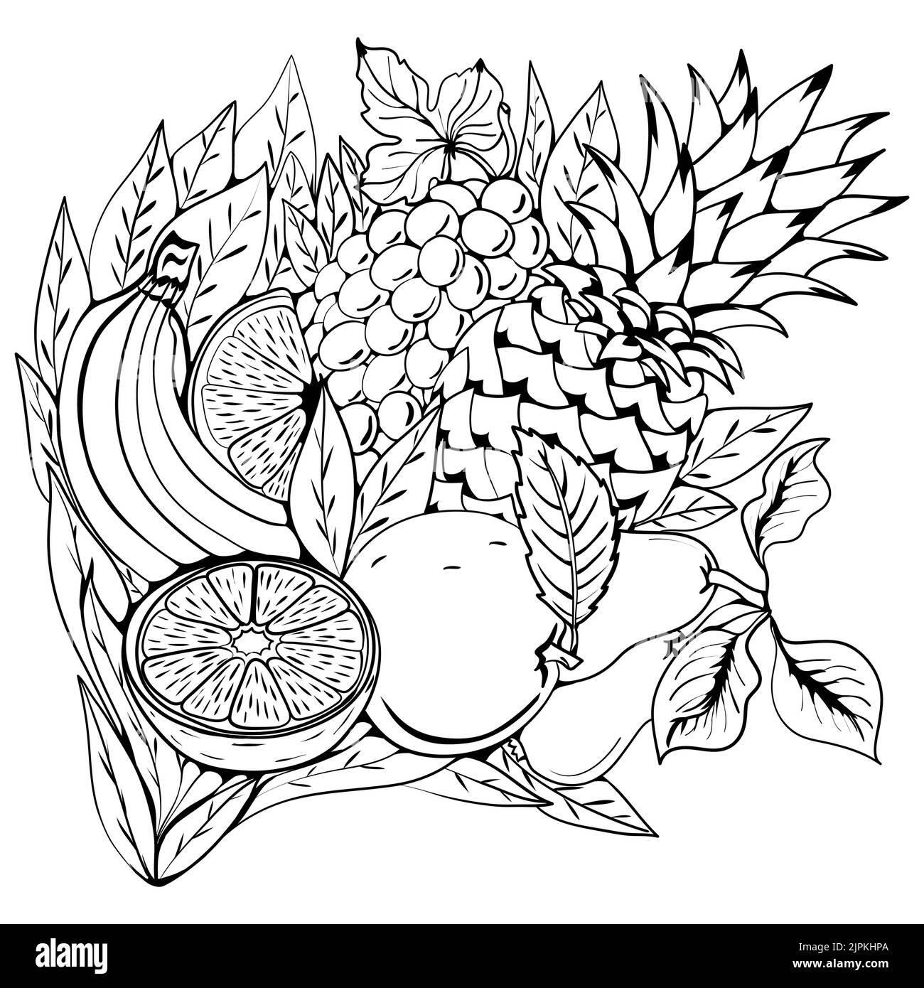 Cocktail di frutta. Set di frutti tropicali su uno sfondo di foglie. Bouquet di frutta. Illustrazione nera. Illustrazione Vettoriale