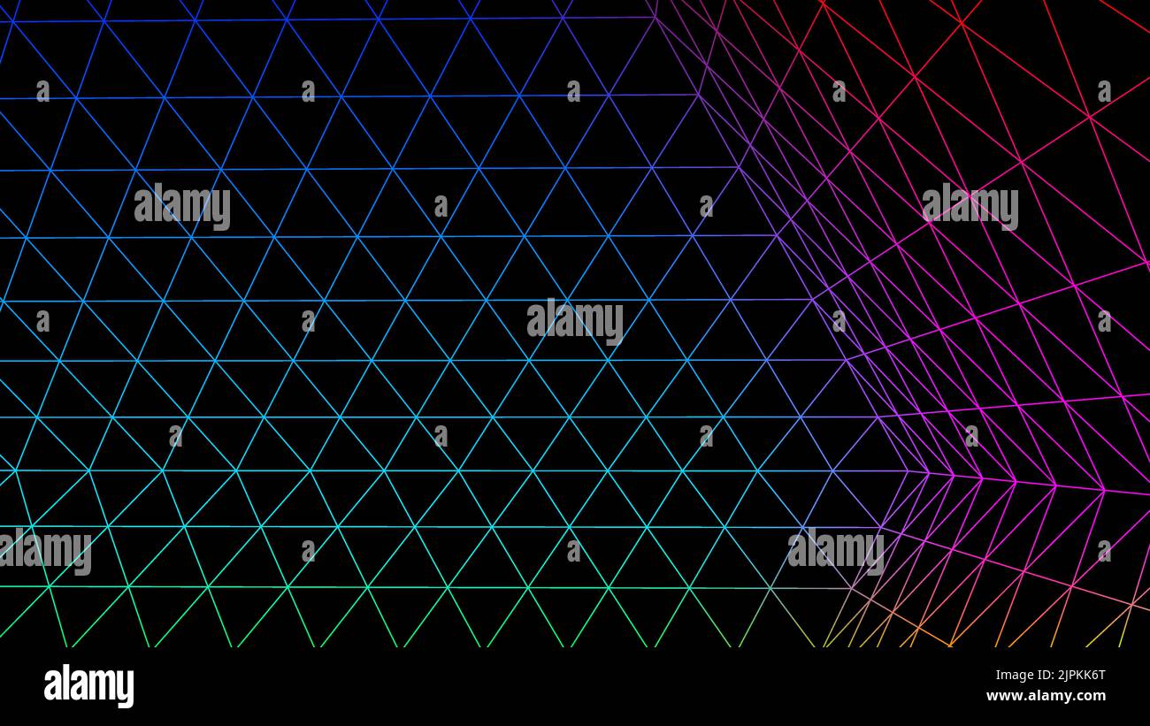 Sfondo geometrico a griglia con mesh in stile neon 80s. Synthwave o sfondo retrofondante astratto con griglia di computer retrò. Illustrazione Vettoriale