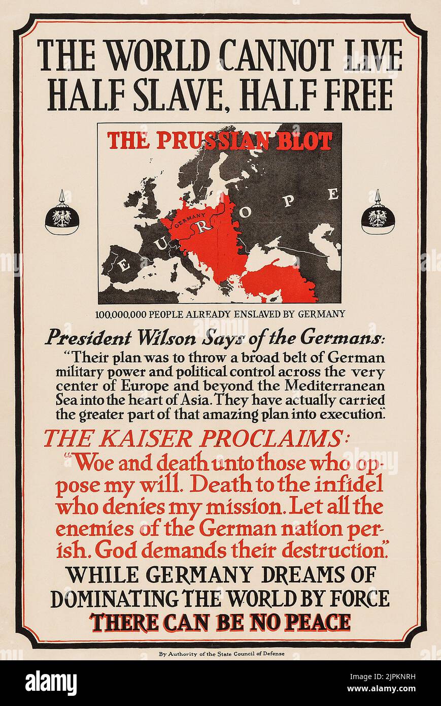 Prima guerra mondiale Propaganda (U.S.A. Ufficio stampa governativo, 1917). Poster di propaganda - 'la macchia prussiana.' Manifesto di guerra 'il mondo non può vivere mezzo schiavo, mezzo libero' Foto Stock