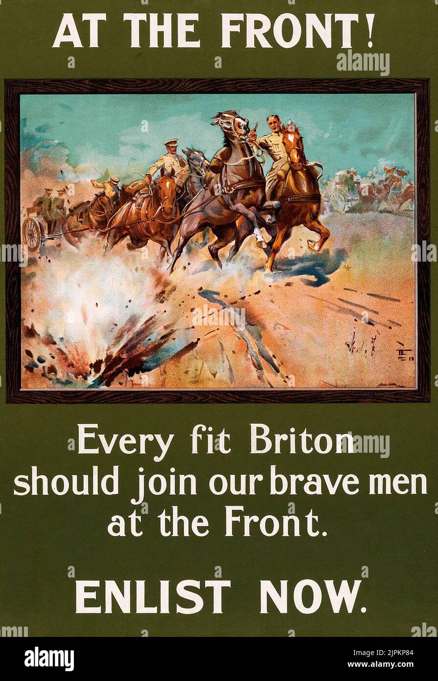 Propaganda della prima guerra mondiale (Comitato parlamentare di reclutamento, 1915). Poster britannico - Lionel Edwards Artwork, 'al fronte! - Arruolano ora' il poster di reclutamento. Foto Stock