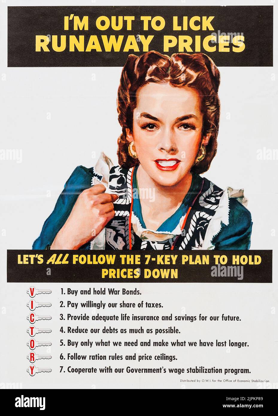 Propaganda della seconda guerra mondiale (U.S.A. Ufficio stampa governativo, 1943). Ufficio del Poster di stabilizzazione economica. 7 piano chiave per mantenere bassi i prezzi. Foto Stock
