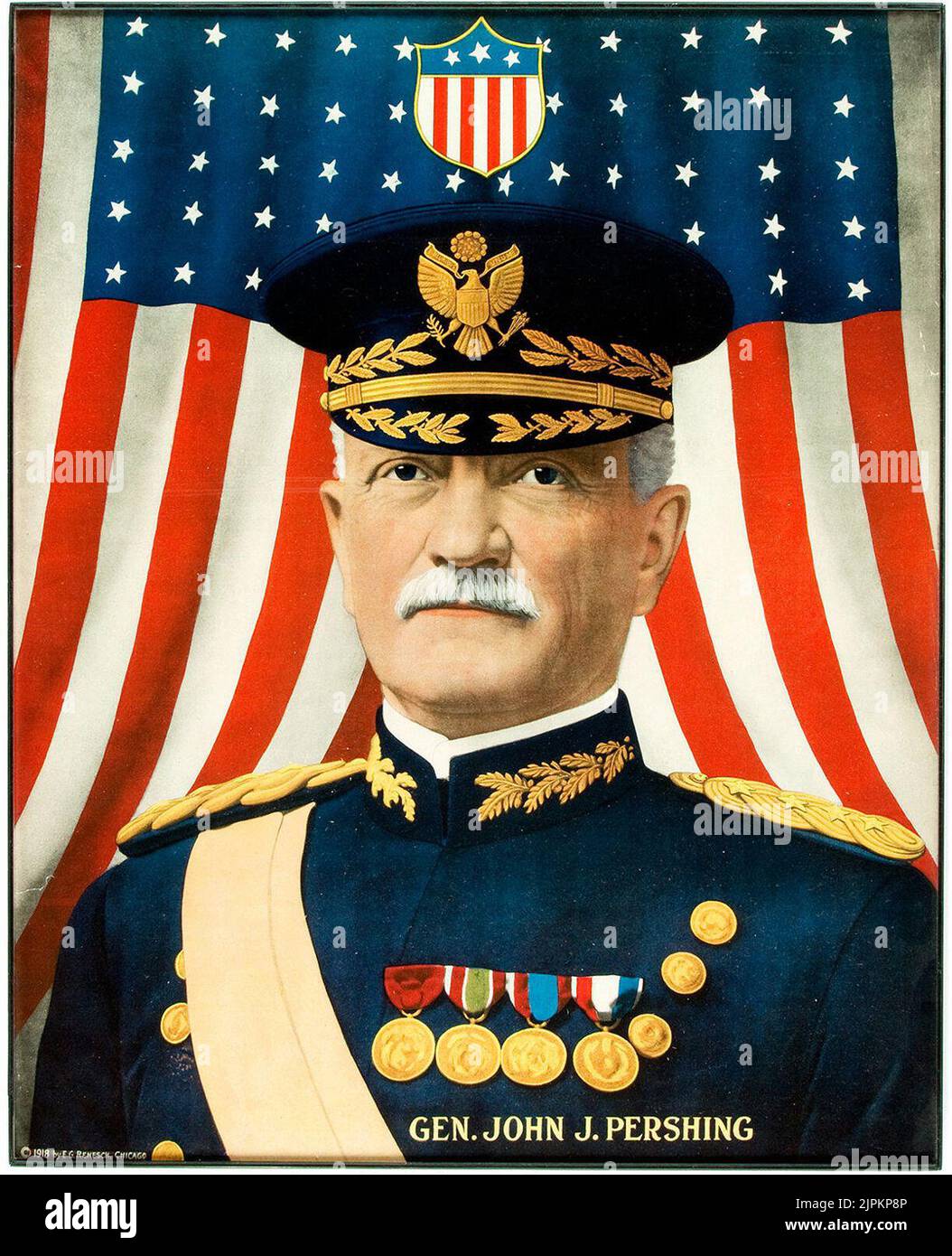 Poster litografico della prima guerra mondiale raffigurante il Generale Pershing. Chicago - AD ESEMPIO Renesch, 1918 Foto Stock