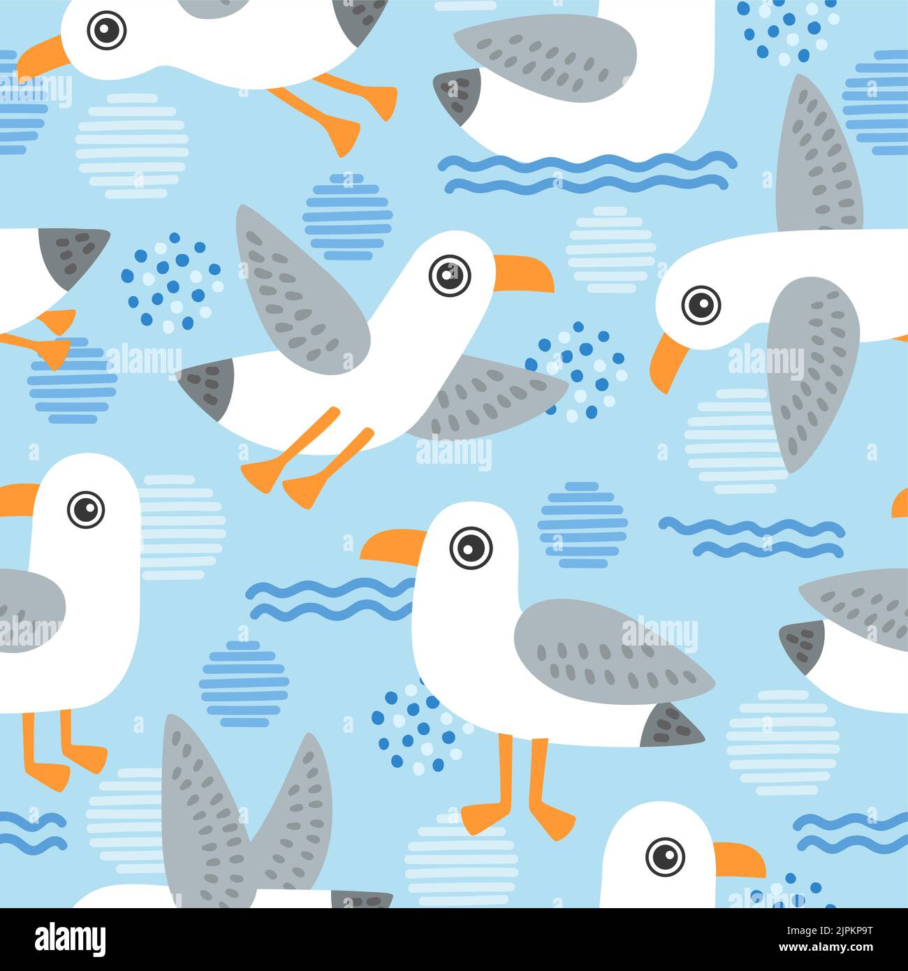 Modello vettoriale senza cuciture con gabbiani carini su sfondo blu con macchie astratte Illustrazione Vettoriale