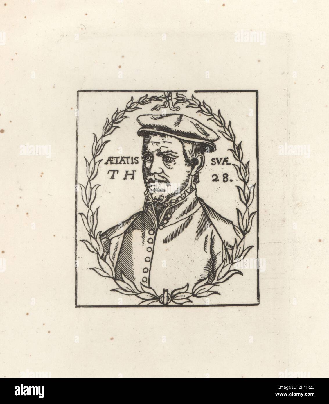 Thomas Hill, scrittore inglese, astrologo, giardiniere e traduttore, alias Didymus Mountain, c.1528-1574. In cappello, collare e doppietto, all'interno di una corona ovale. Aetatis Svae TH 28. Da un raro taglio di legno. Incisione di copperplate dalla Galleria di Rare ritratti di Samuel Woodburn composta da lastre originali, George Jones, 102 St Martin’s Lane, Londra, 1816. Foto Stock