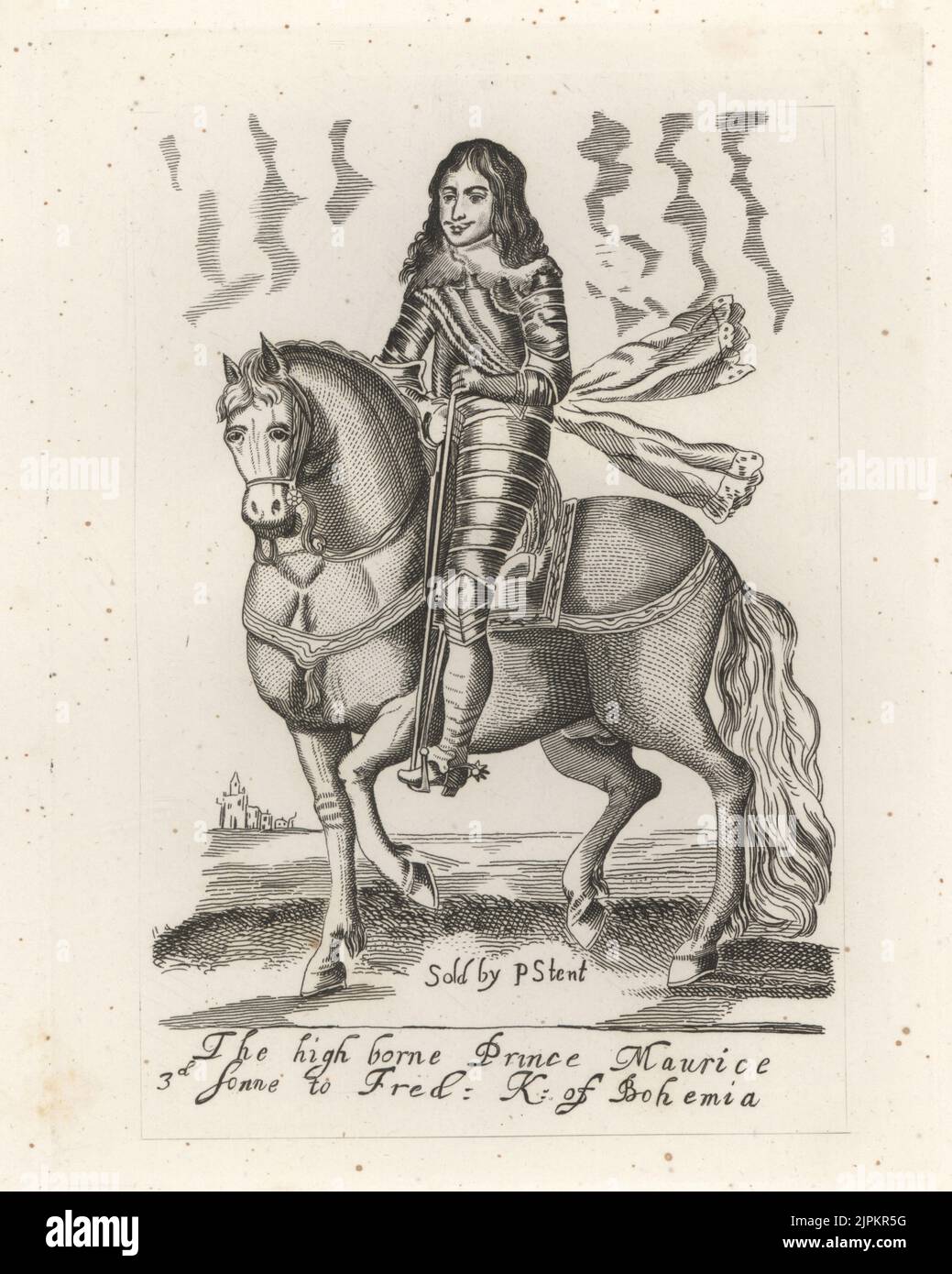 Maurice, Principe Palatino del Reno, 1621-1652. Combattuto nella guerra civile inglese dal lato Royalist. A cavallo, in tuta di armatura con collare e sash. Principe Maurice, 3rd figlio di Federico V, re di Boemia. Da una stampa equestre unica in Clarendon di Earl Spencer, venduto da Peter stent. Incisione di copperplate dalla Galleria di Rare ritratti di Samuel Woodburn composta da lastre originali, George Jones, 102 St Martin’s Lane, Londra, 1816. Foto Stock