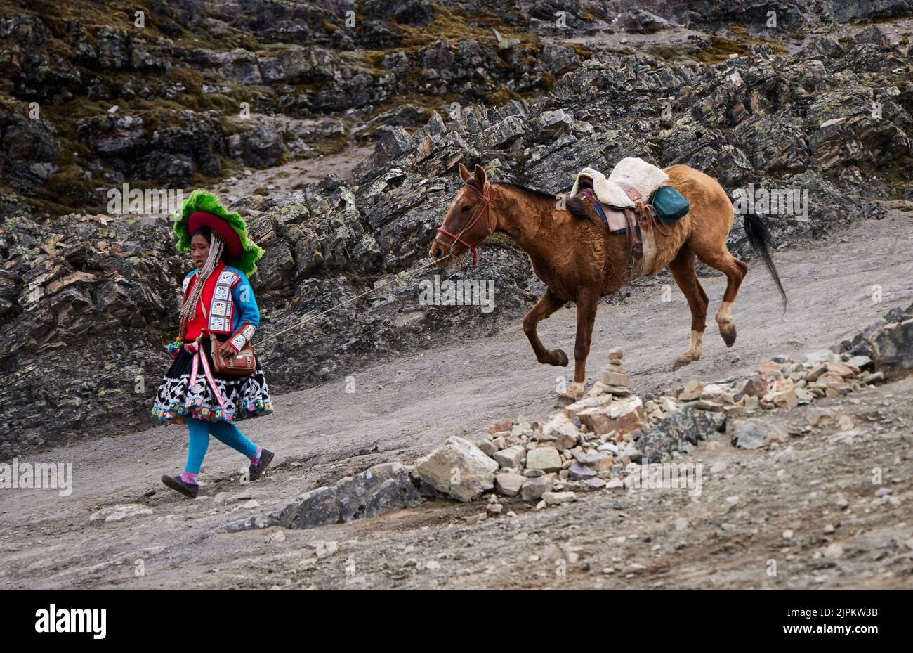 Una femmina indigena con ornamenti che acommpaning un cavallo che va in salita Foto Stock