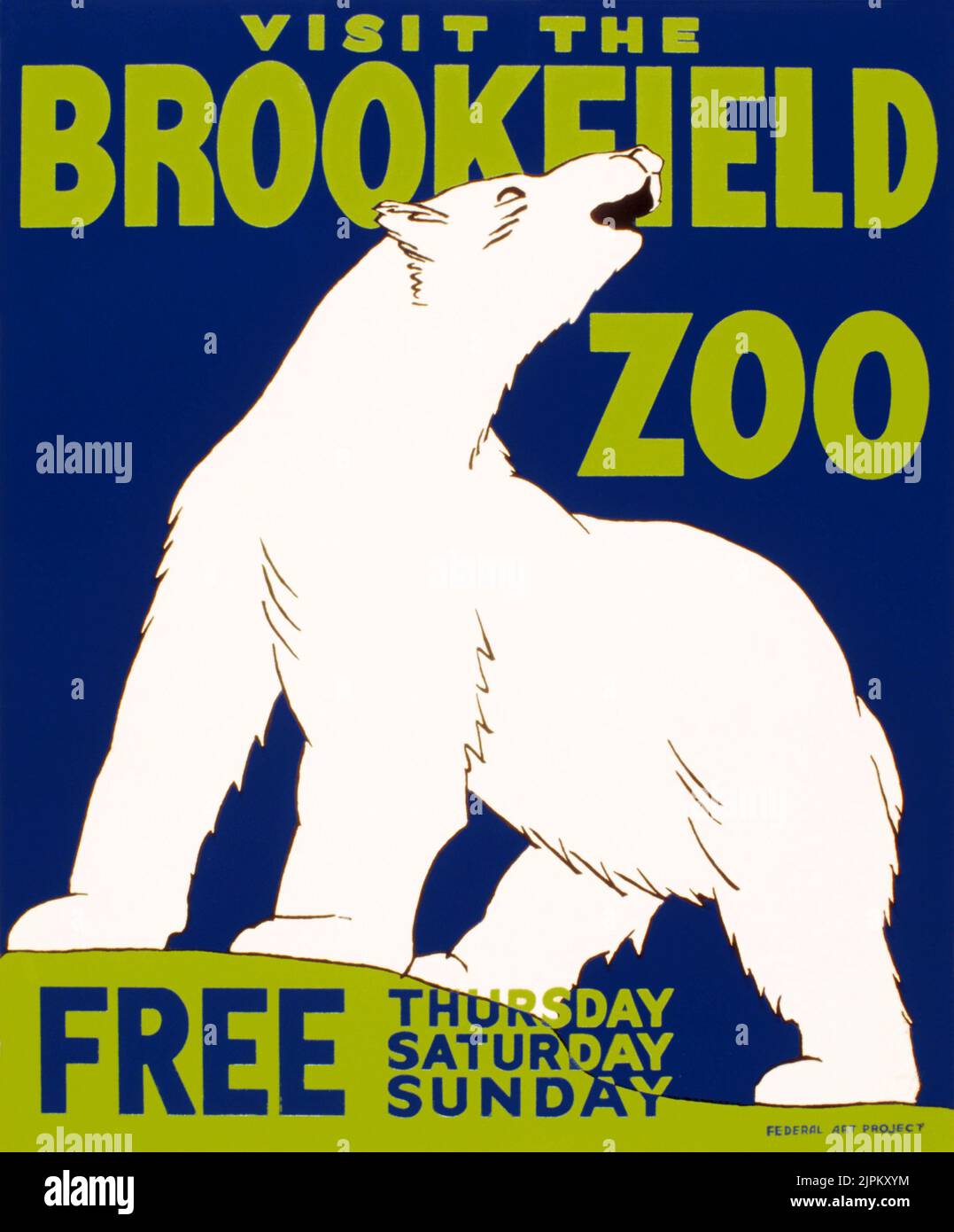 Visita lo zoo di Brookfield, WPA-poster, 1936 - prodigi un orso polare - poster d'epoca Foto Stock