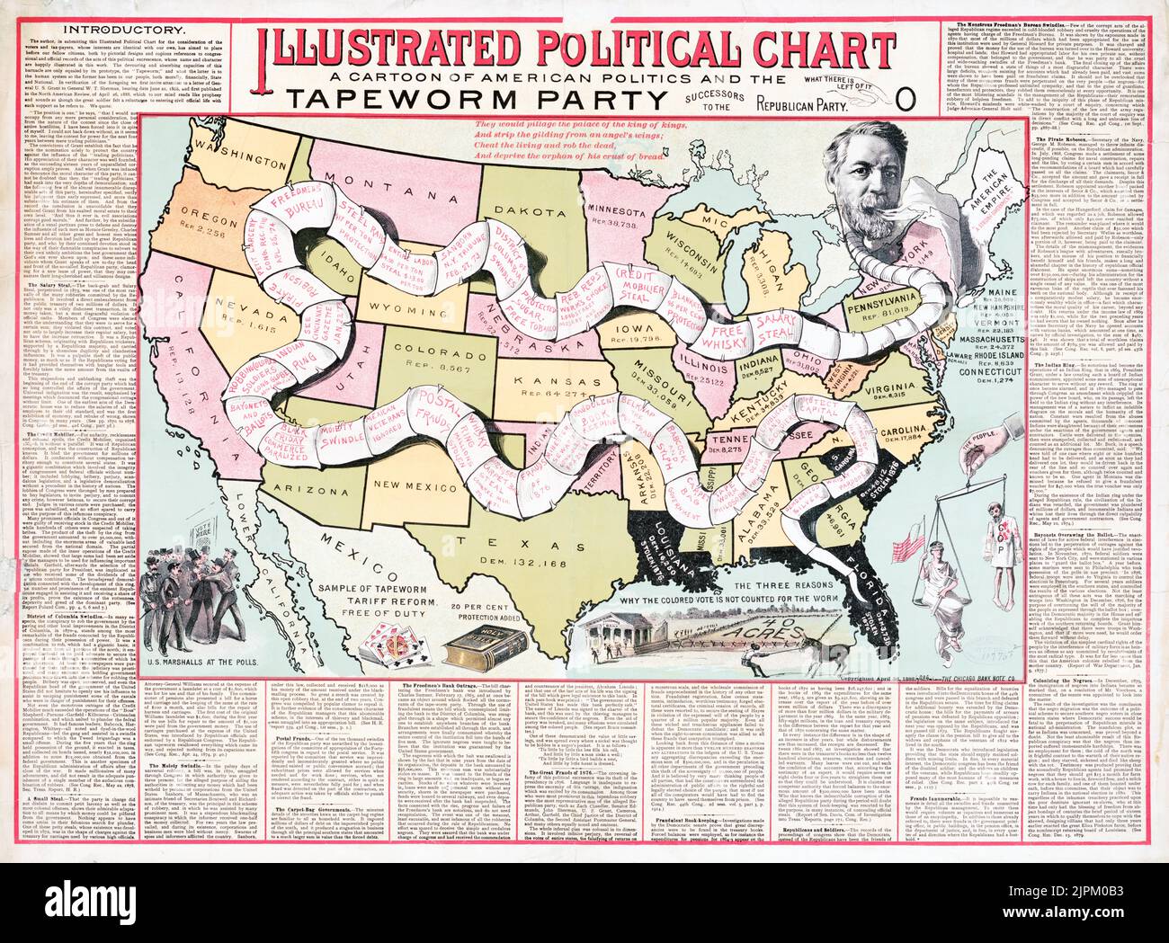 Grafico politico illustrato - Partito Tapeworm - un cartone animato della politica americana. La stampa mostra James G. Blaine come la testa di un tenia composta da vari scandali governativi su una mappa degli Stati Uniti. Chicago Bank Note Co., editore. Foto Stock