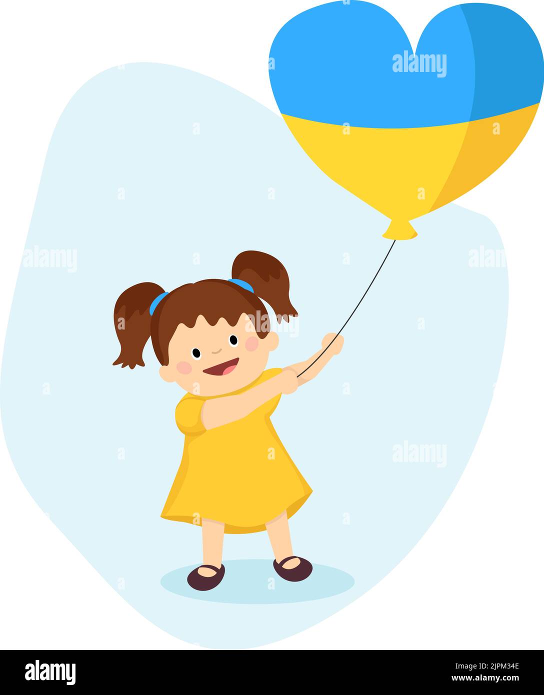 Ucraina ragazza con palloncino in colori bandiera Ucraina. Pregate per l'Ucraina. Immagine vettoriale in stile piatto. Illustrazione Vettoriale