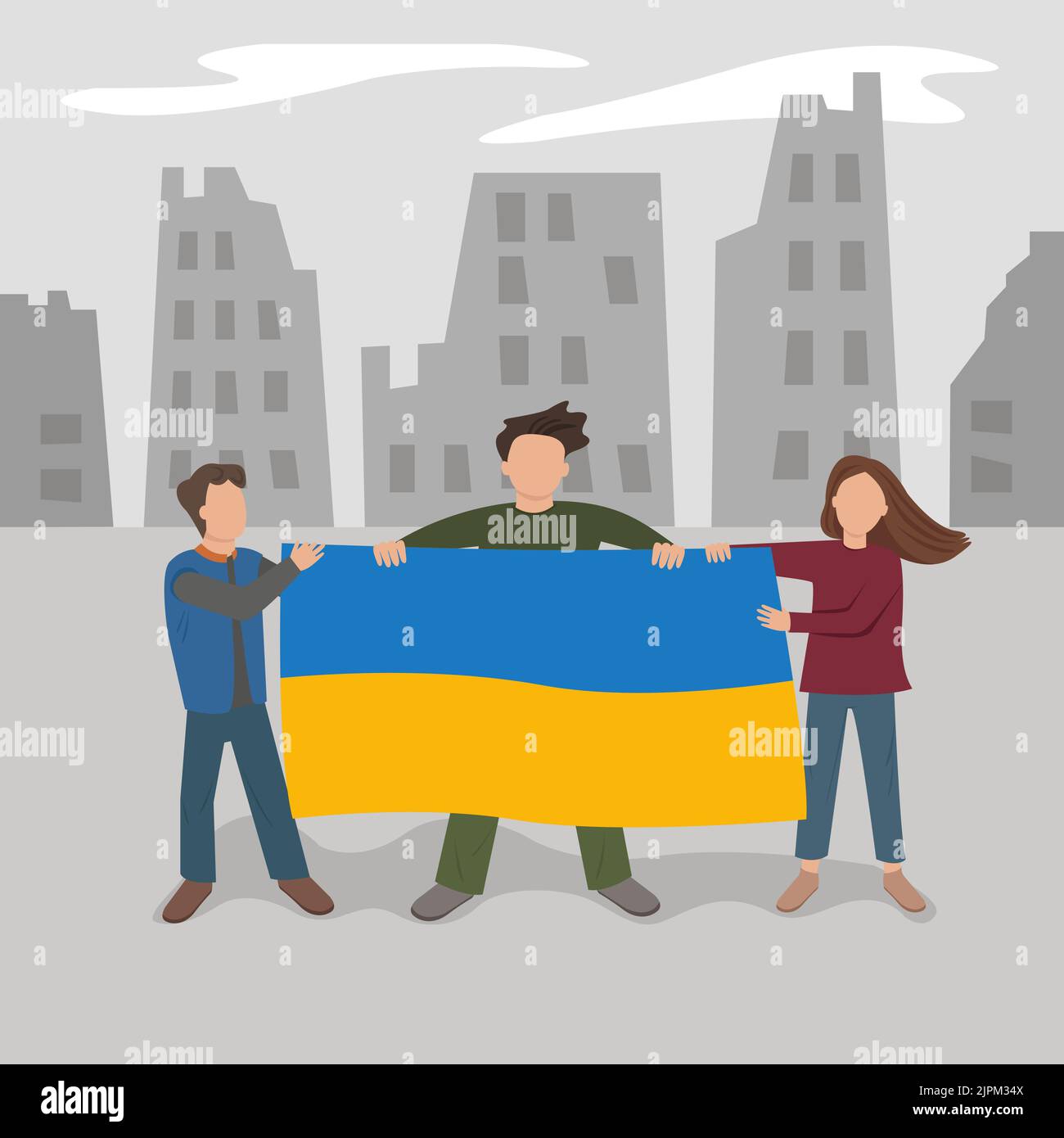 Popolo ucraino con una bandiera Ucraina in una città in rovina. Stare con l'Ucraina. Illustrazione piatta vettoriale. Illustrazione Vettoriale