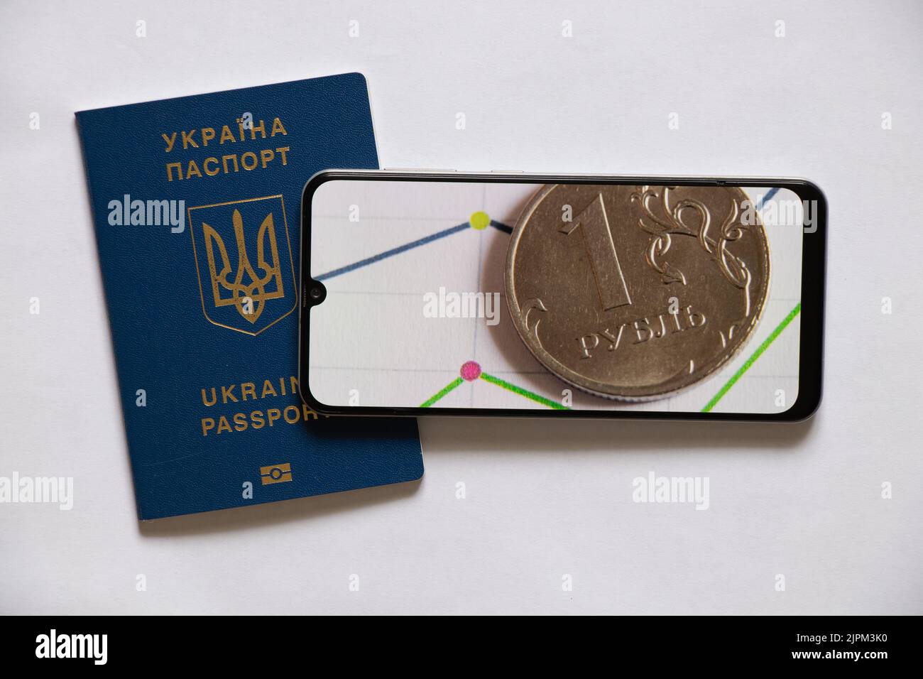 Il rublo russo e un istogramma con le statistiche sul telefono su uno sfondo bianco e un passaporto straniero si trovano nelle vicinanze. Sanzioni finanziarie contro R Foto Stock