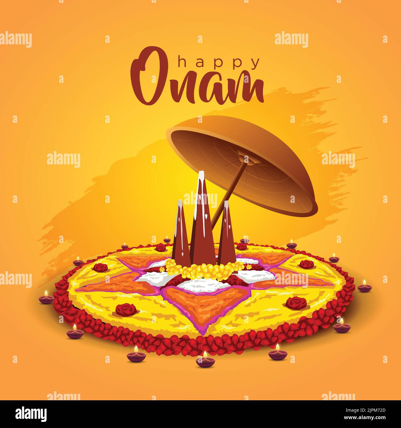 Kerala festival Happy onam con Rangoli, uso per poster, volantino, banner Illustrazione Vettoriale