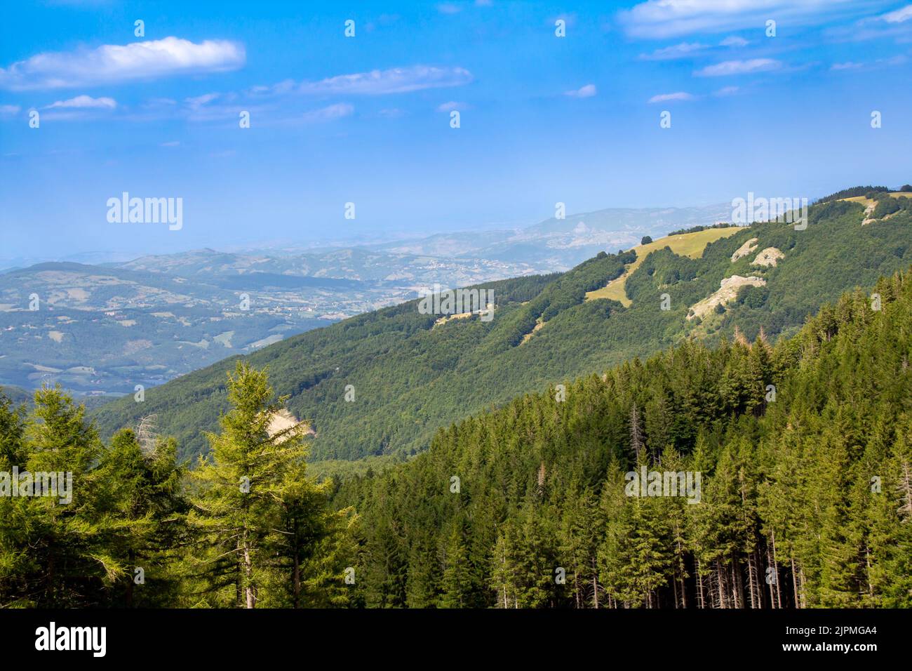 Bella vista panoramica in estate sul Monte Cimone nei pressi del Lago di Nymfa. Paesaggio dell'Appennino Tosco-Emiliano di Sestola, provincia di Modena, Italia Foto Stock