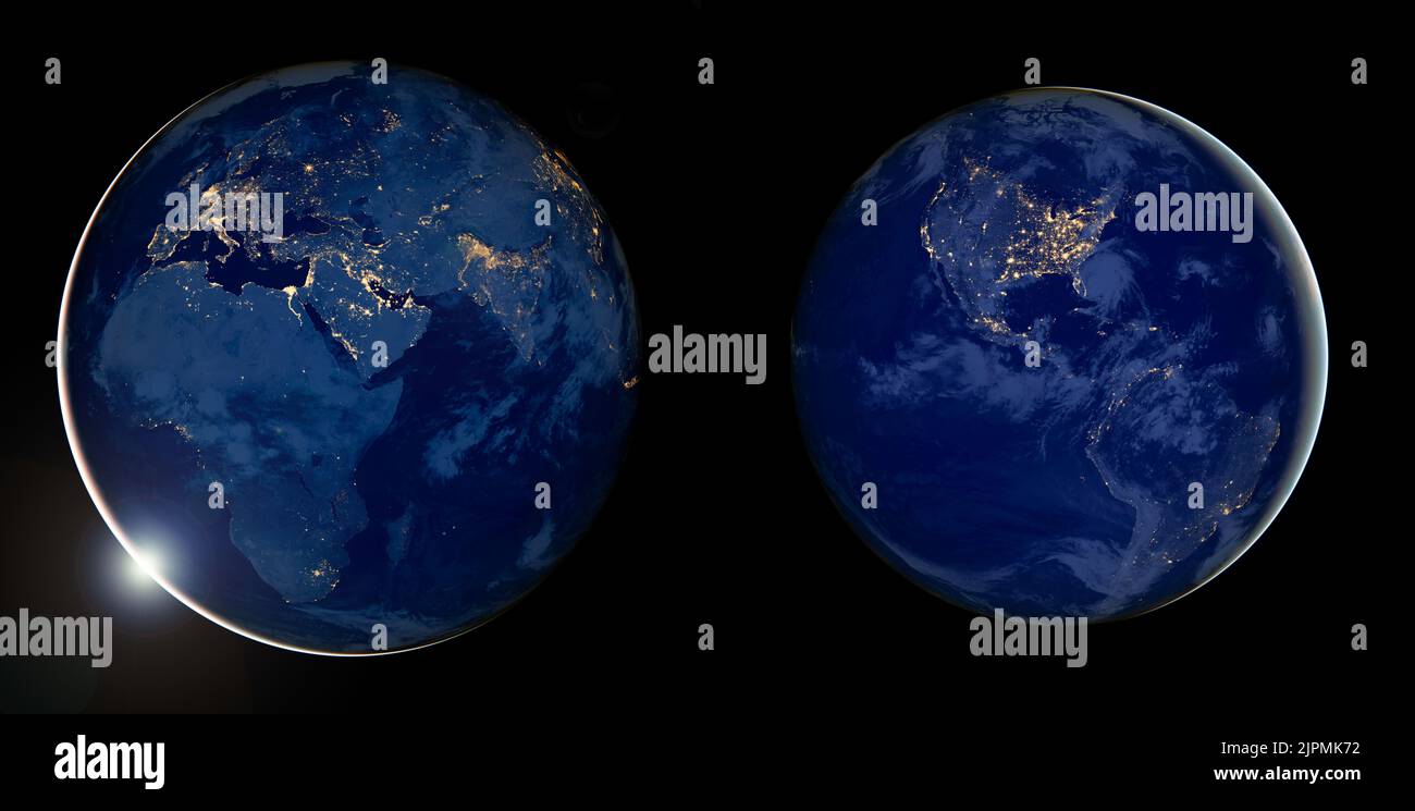 Terra di notte con sfondo nero. Città luci della terra. Immagine satellitare. Elementi di questa immagine forniti dalla NASA Foto Stock