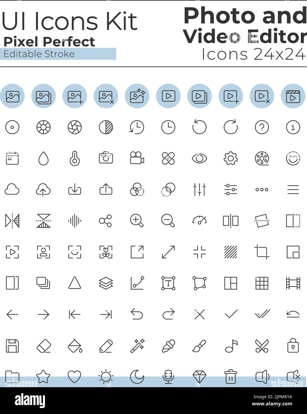 Strumenti di editing di foto e video pixel Perfect icone lineari ui set Illustrazione Vettoriale