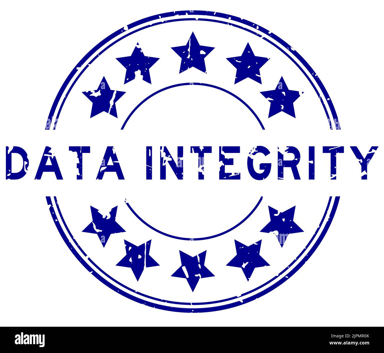 Parola blu grunge data Integrity con icona a stella sigillo rotondo in gomma timbro su sfondo bianco Illustrazione Vettoriale