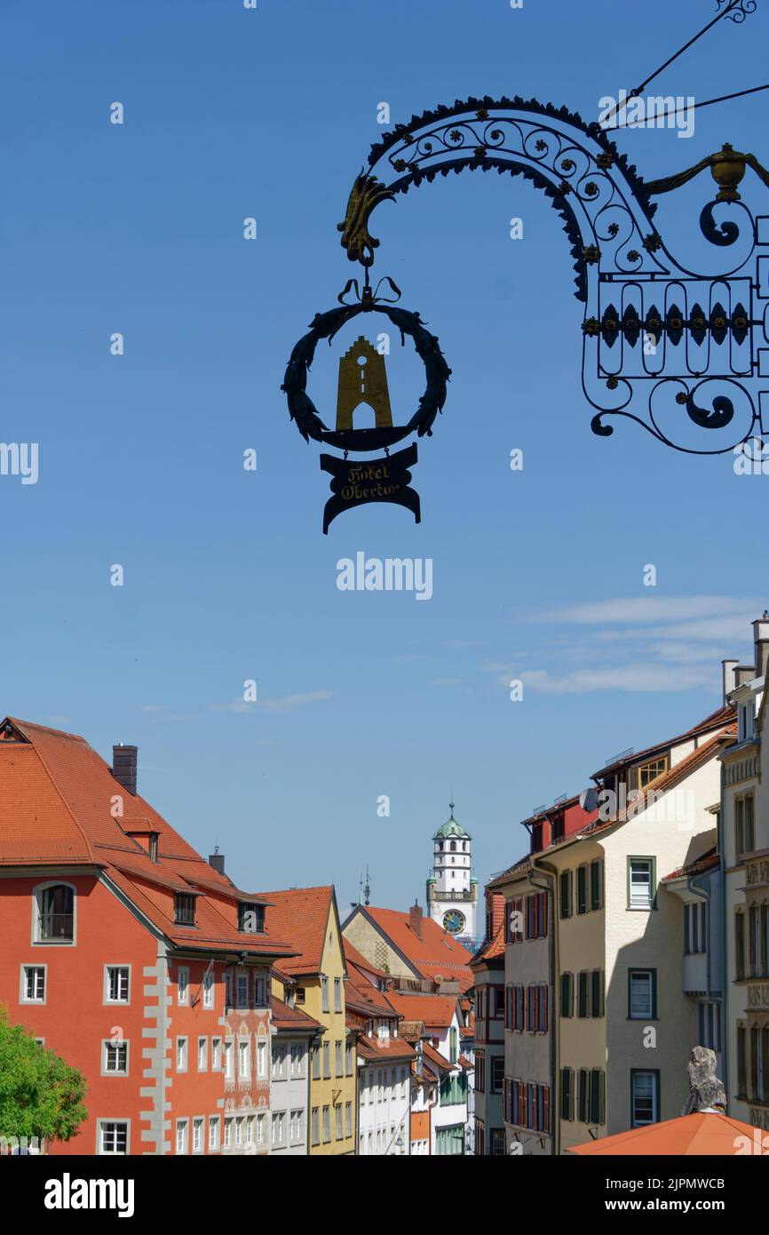 Blaserturm, Altstadtfassaden, Marktgasse, Ravensburg, Oberschwaben, Baden-Württemberg, Germania, Europa Foto Stock