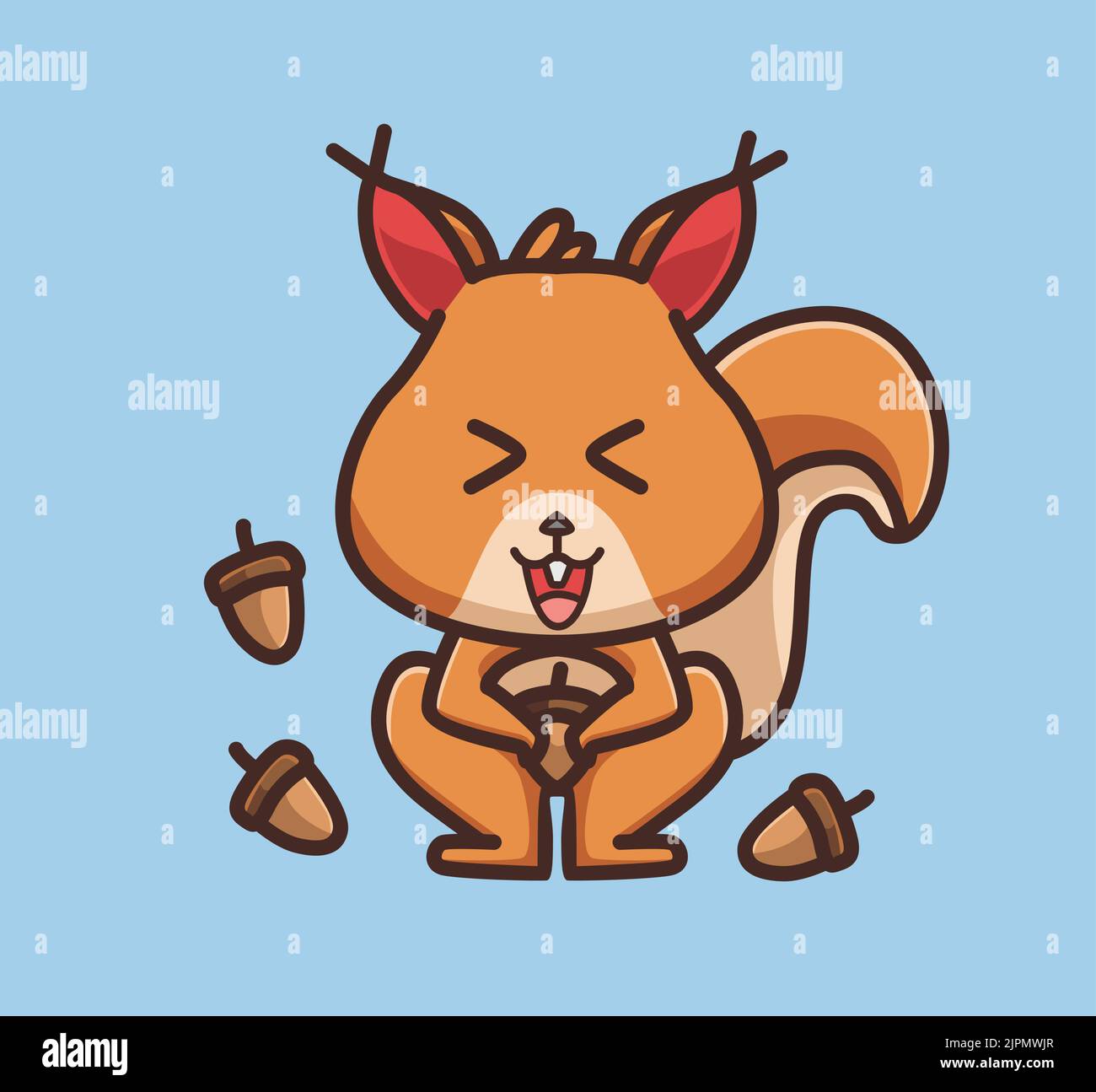 scoiattolo carino che tiene un dado. Animazione animale isolato stile piatto Sticker Web Design icona illustrazione Premium Vector Logo mascotte carattere Illustrazione Vettoriale