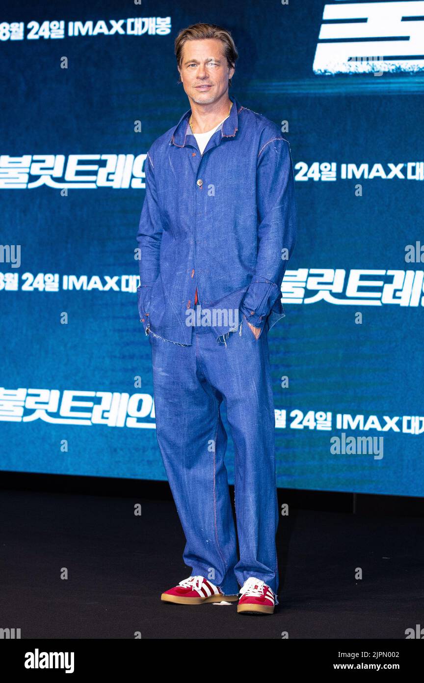 19 ago 2022 - Seoul, Corea del Sud : l'attore Brad Pitt, si pone per le foto durante una conferenza stampa per promuovere il film 'Bullet Train' a Seoul, Corea del Sud il 19 agosto 2022. Il film sarà pubblicato in Corea del Sud il 24 agosto. (Foto di Lee Young-ho/Sipa USA) Foto Stock