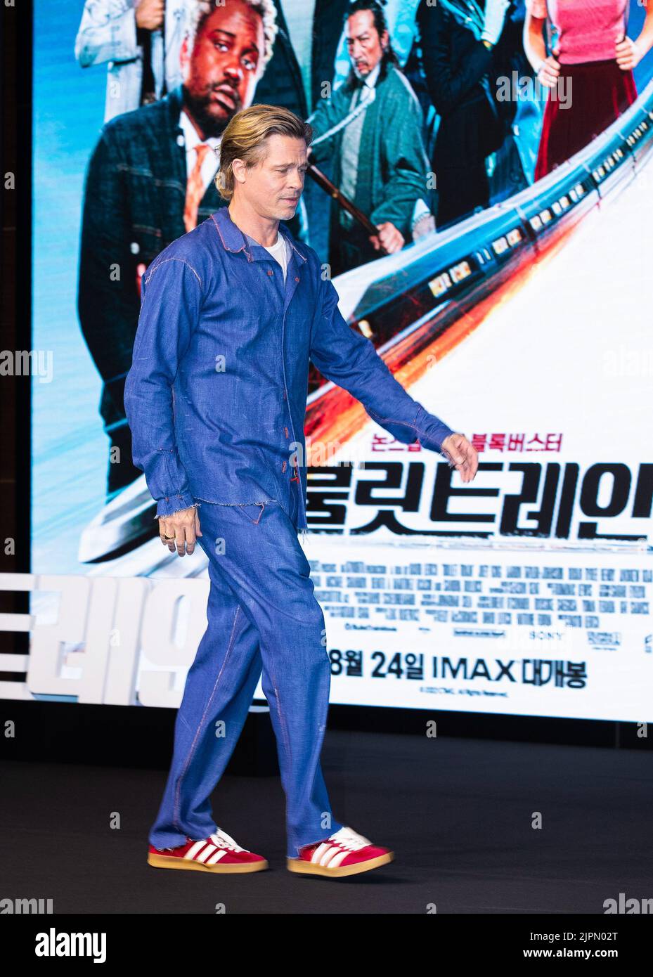 19 ago 2022 - Seoul, Corea del Sud : l'attore Brad Pitt, si pone per le foto durante una conferenza stampa per promuovere il film 'Bullet Train' a Seoul, Corea del Sud il 19 agosto 2022. Il film sarà pubblicato in Corea del Sud il 24 agosto. (Foto di Lee Young-ho/Sipa USA) Foto Stock