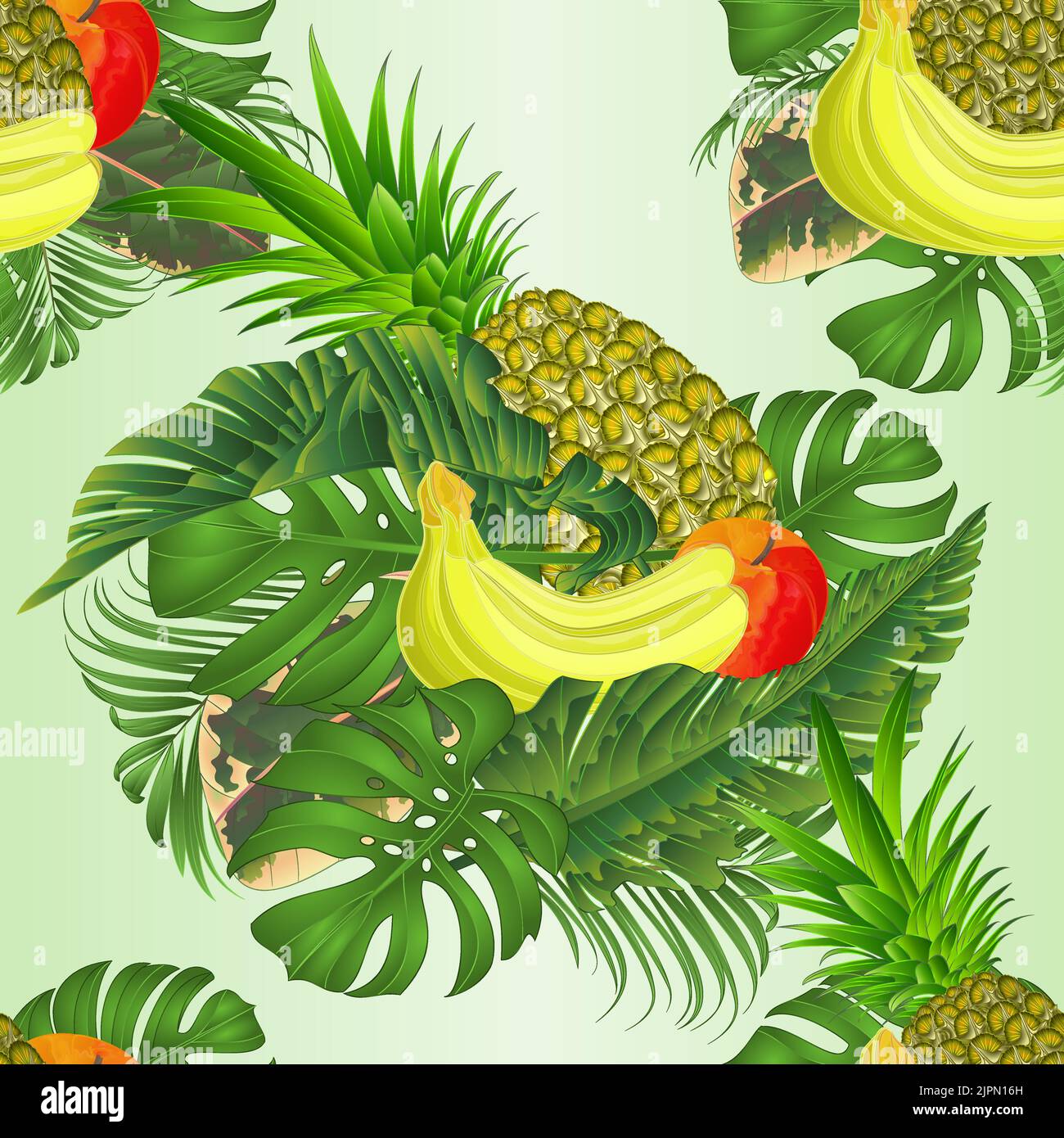 Texture senza cuciture Tropical frutta banana e ananas con foglie tropicali di banana ficus, palma, philodendron su sfondo bianco vettore illustrazione Illustrazione Vettoriale
