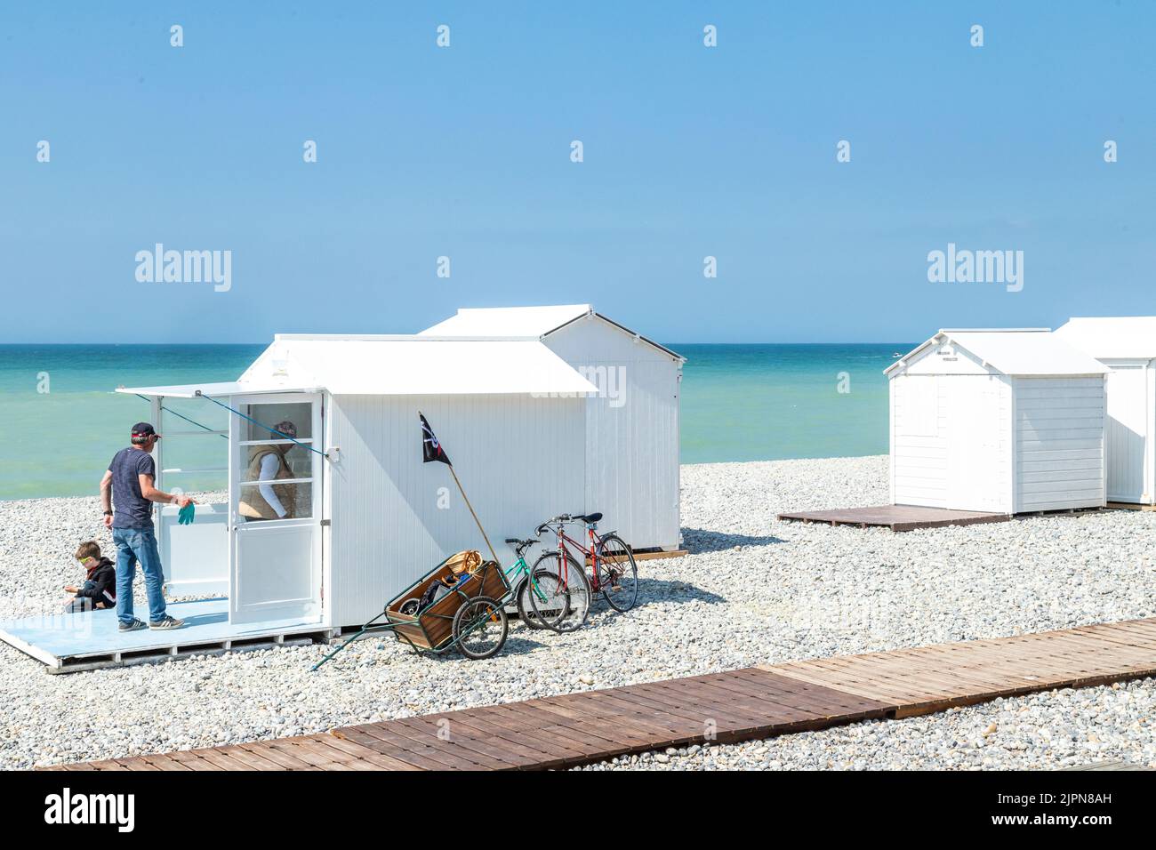 Francia, Somme, Picardie, Mers les Bains, cabine sulla spiaggia // Francia, Somme (80), Picardie, Mers les Bains, cabines de plage sur la plage Foto Stock