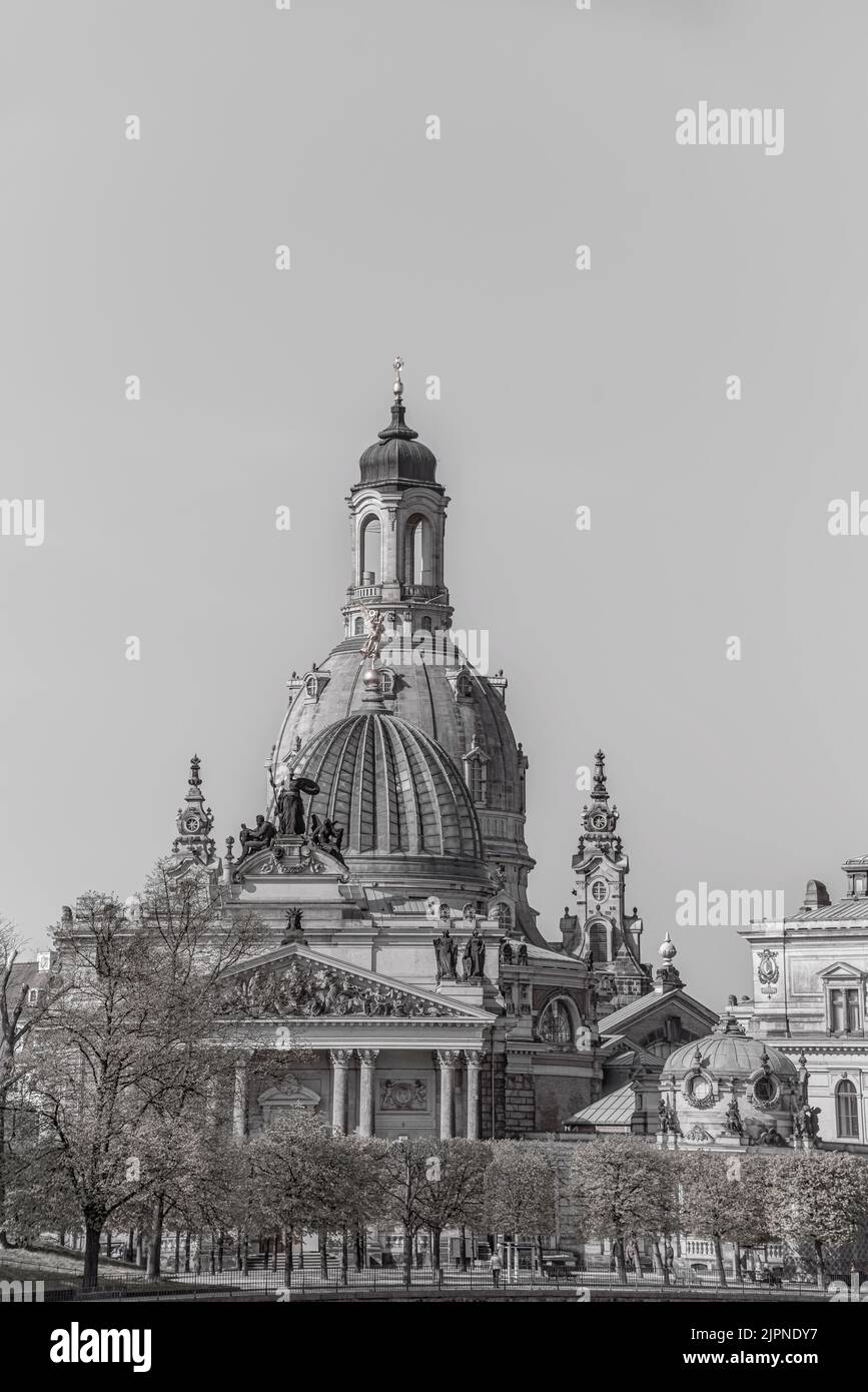 Immagine in bianco nero della Cattedrale Frauenkirche di Dresda, Sassonia, Germania Foto Stock