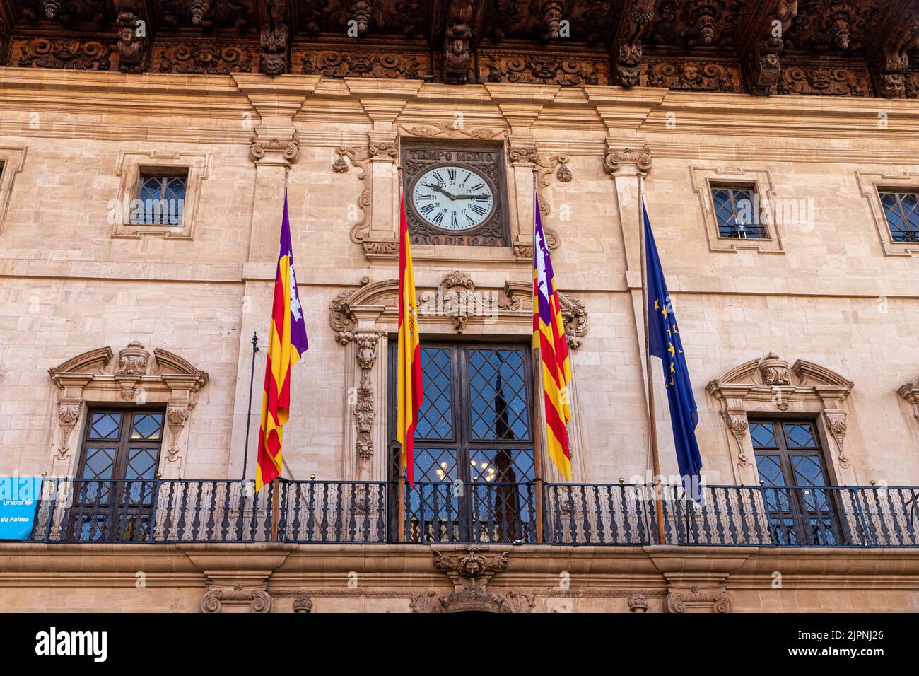 Palma di Maiorca, Spagna. Il Rellotge d'en Figuera (orologio di Figuera) nell'Ajuntament de Palma (Municipio di Palma, chiamato anche Cort Foto Stock