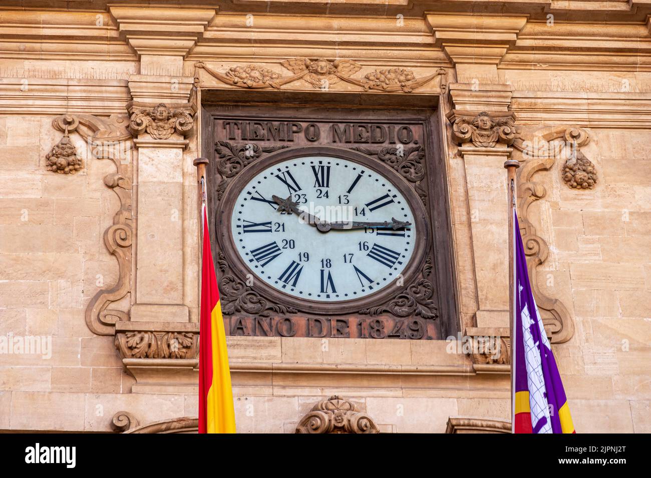 Palma di Maiorca, Spagna. Il Rellotge d'en Figuera (orologio di Figuera) nell'Ajuntament de Palma (Municipio di Palma, chiamato anche Cort Foto Stock