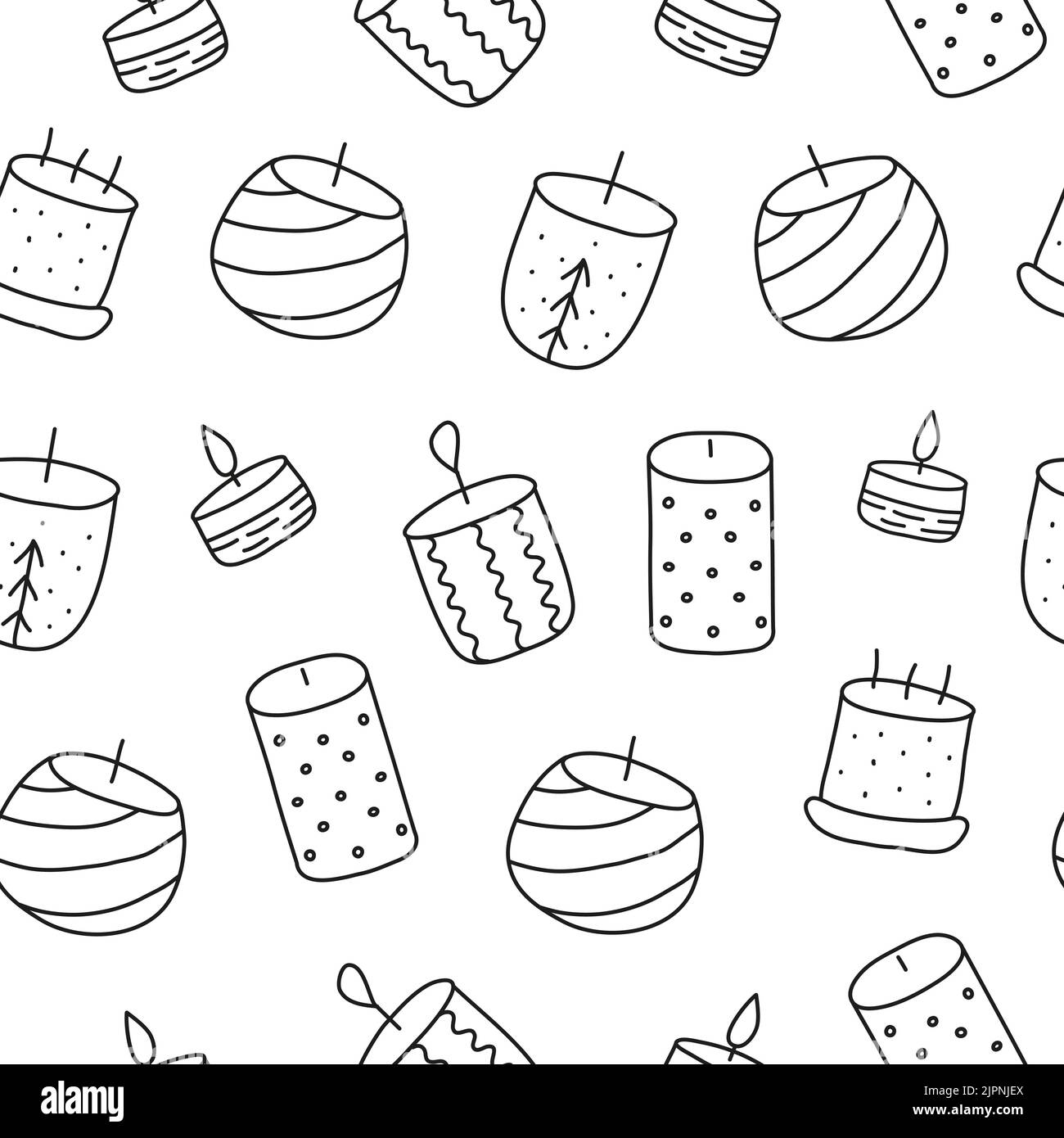 Modello bianco e nero senza cuciture con candele con contorno a doodle. Illustrazione Vettoriale