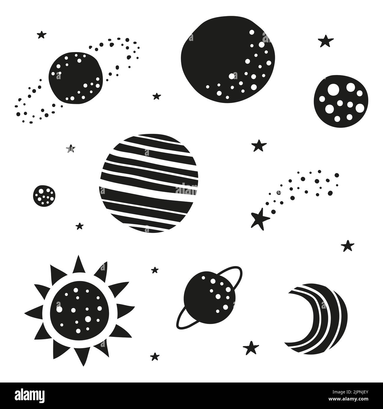 Insieme di pianeti, stelle, luna, icone del sole isolate su sfondo bianco. Illustrazione Vettoriale