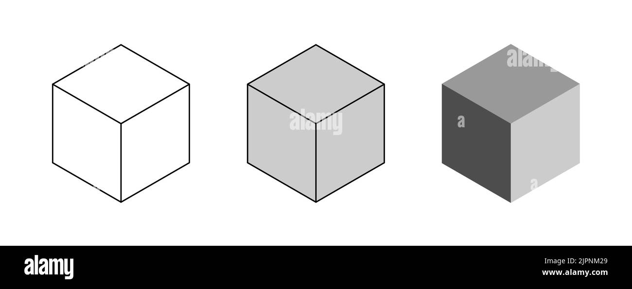 Geometria di base Set di cubi con struttura a reticolo o contorno, forme cubiche solide e ombreggiate in prospettiva. Immagine vettoriale. Illustrazione Vettoriale