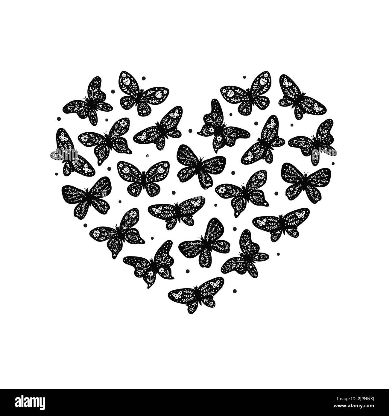 Farfalle nere con decorazioni floreali in stile folcloristico scandinavo a forma di cuore. Illustrazione Vettoriale