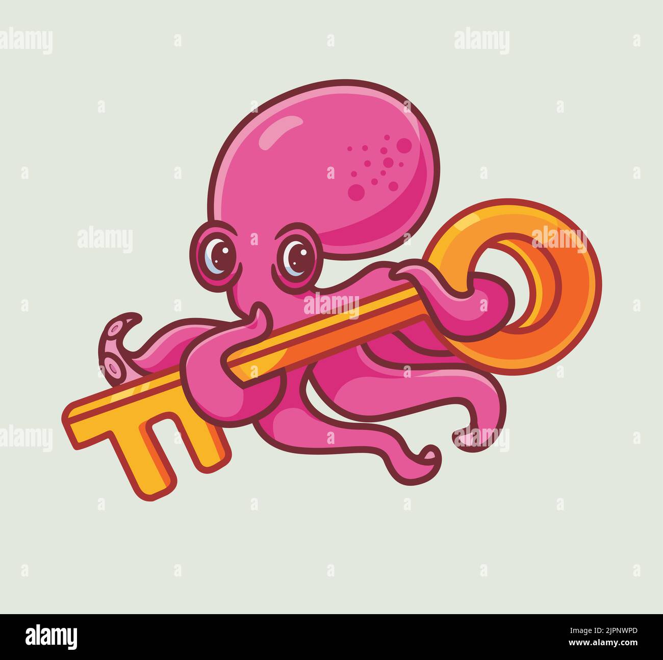 Cute polpo mantenere la chiave. Isolato cartone animato animale illustrazione. Adesivo piatto icona Design Premium Logo Vector. Personaggio mascotte Illustrazione Vettoriale