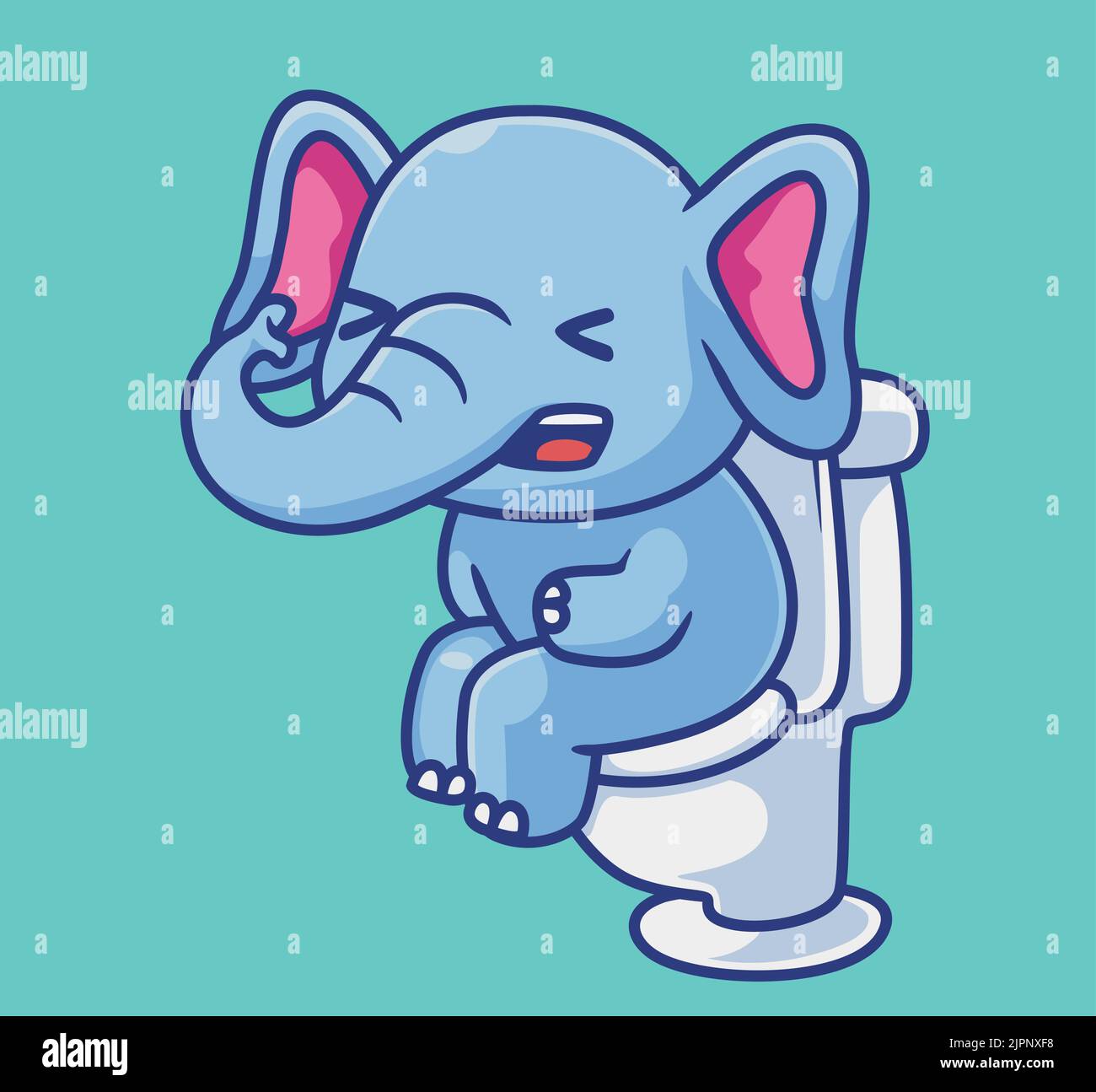 carino bambino elefante sulla toilette. isolato cartone animato illustrazione animale. Adesivo piatto icona Design Premium Logo Vector. Personaggio mascotte Illustrazione Vettoriale