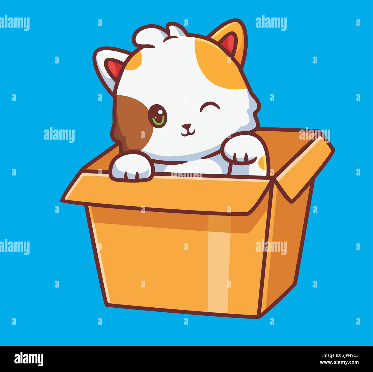 carino gatto in pelle sul cartone. isolato cartone animaletto illustrazione. Adesivo piatto icona Design Premium Logo Vector. Personaggio mascotte Illustrazione Vettoriale