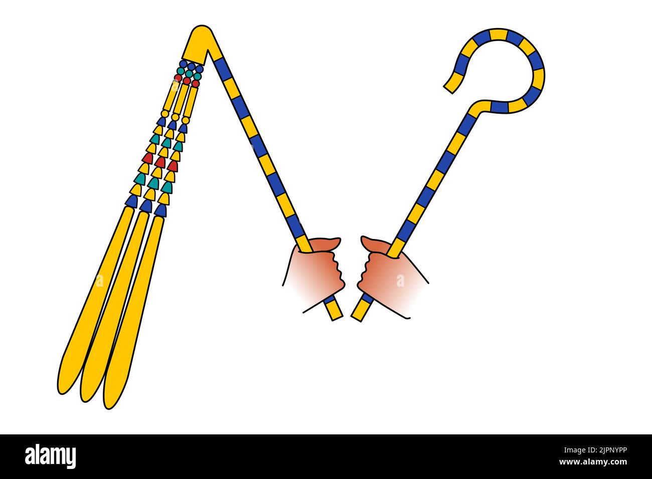 Crook e flagello, simboli nell'antico Egitto. Heka e nekhakha, originariamente attributi di dio Osiride, divenne segno di autorità faraone. Foto Stock