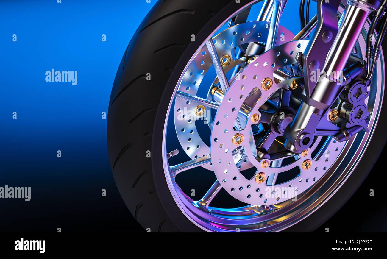 freno a disco e ruota di una moto sportiva. rendering 3d Foto Stock