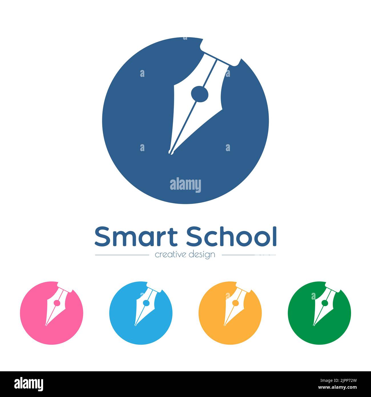 Scuola intelligente. Una penna in un cerchio. Modello per logo, adesivi, etichette di marchi e soluzioni creative. Ideale per siti Web e applicazioni Illustrazione Vettoriale