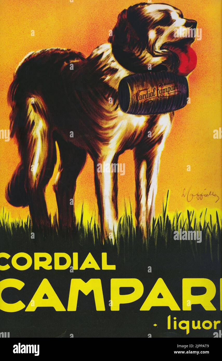 1940's , Italia : l'industria italiana delle bevande CAMPARI pubblicizza il liquore Cordial di successo. Illustrazione di LEONETTO CAPPELLO ( 1875 - 1942 ). - Anni 40 - '40 - 40 - poster pubblico - industria - manifesto - cartellone - Pubblicità - illustrazione - illustratore - canna San Bernardo ---- Archivio GBB Foto Stock
