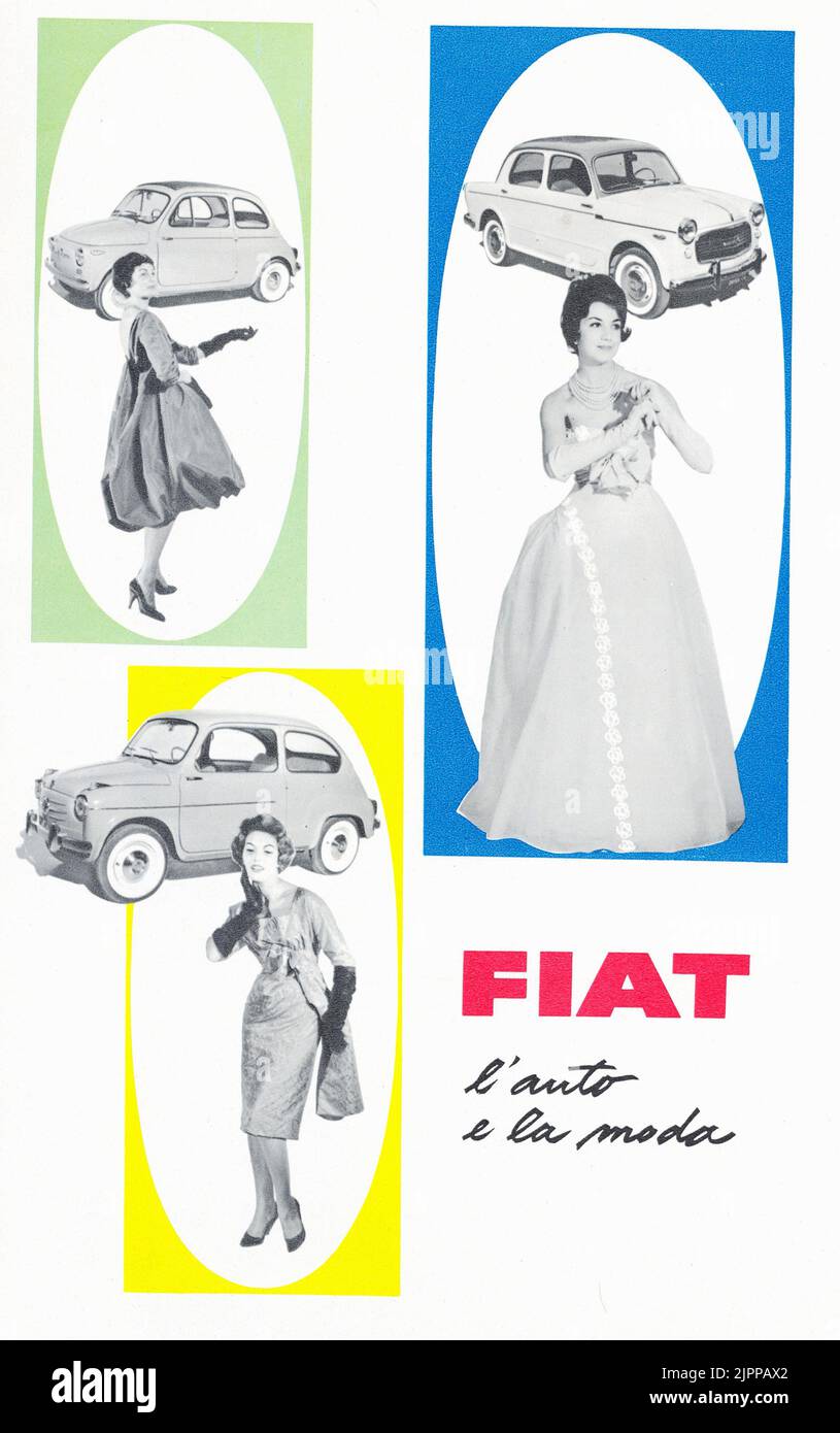 1959 , Italia : L'industria automobilistica italiana FIAT ( F.I.A.T. frabbrica Italiana automobili Torino ) pubblicizza il nuovo modello 500 - 600 e 1100 FIAT - GIANNI AGNELLI - automobile - automobili - automobili - automobili - anni 50 - '50 - '50 - utilitaria - industria - Pubblicità --- Archivio GBB Foto Stock