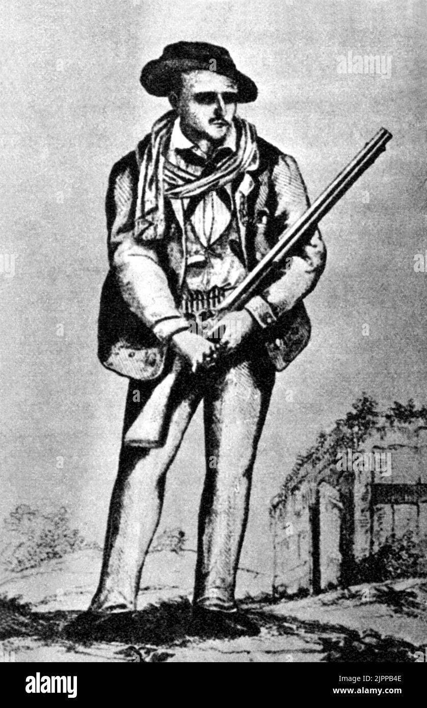 1850 ca: Il celebrato fuorilegge italiano il PASSATORE cortese ( Stefano PELLLONI , 1824 - 1851 ) , terrore del paese romagnolo per 3 anni , ucciso da Gendarmi Pontifici (poliziotti Vaticani ). La sua leggenda ha fatto un'istintiva al poeta italiano Giovanni Pascoli il poema ROMAGNA . Popular portrait gravure - BANDITO - BANDITISMO - BRIGANTI - FUORILEGGE - rapinatore - assassino - romagnolo ---- Archivio GBB Foto Stock