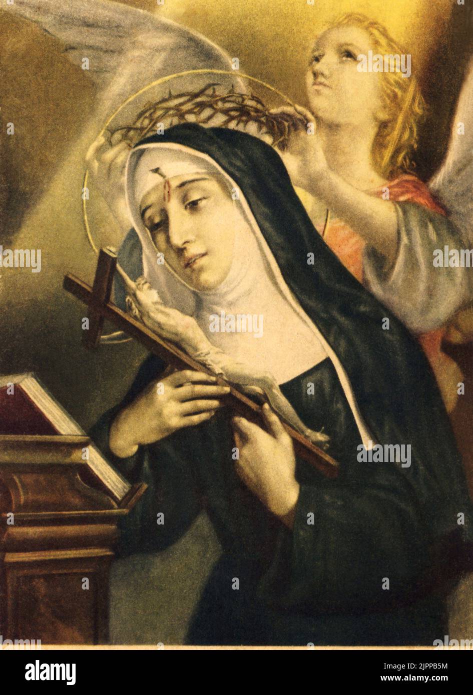 Santa RITA da CASCIA ( 1381 - 1457 ) , canonizzata DA Papa Leone XIII 1900 . Stampa oleografica popolare , Italia , 1910's - RELIGIONE CATTOLICA - RELIGIONE CATTOLICA - BEATA - estasi - extasi - suora - nun - religiosa - monaca - angelo - angelo - corona di spine - aureola - crocefisso - crocifisso - croce --- Archivio GBB Foto Stock